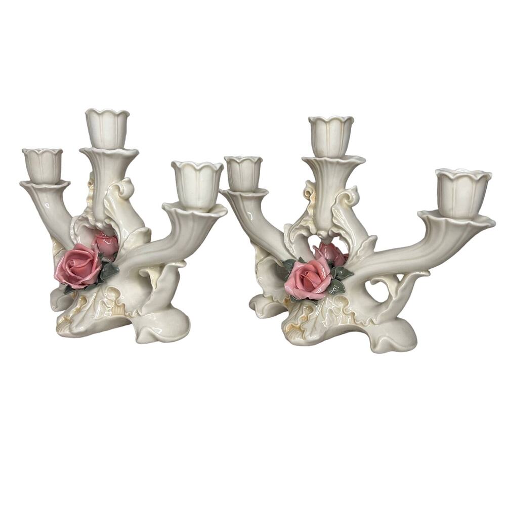 Vintage 30s Karl Ens Candlesticks Porcelain Rose 3 Arm Pair Candelabra Regency